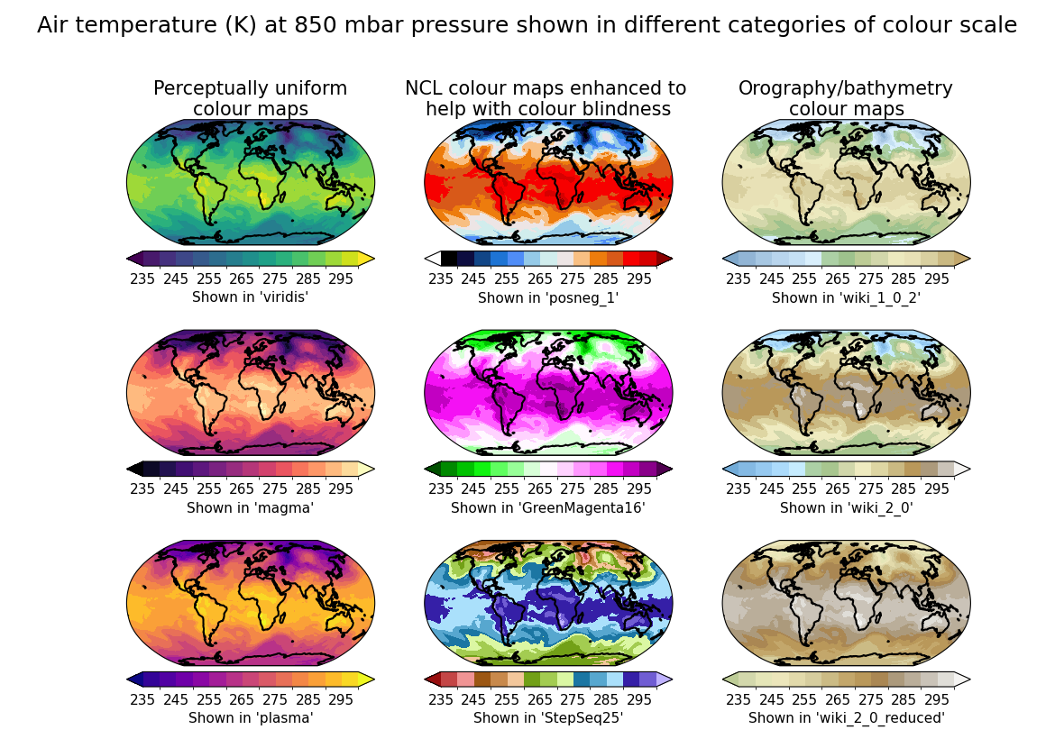 Air temperature (K) at 850 mbar pressure shown in different categories of colour scale