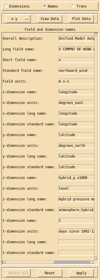 Field and dimension names interface