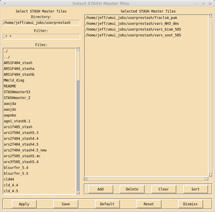 Setup STASH master files window