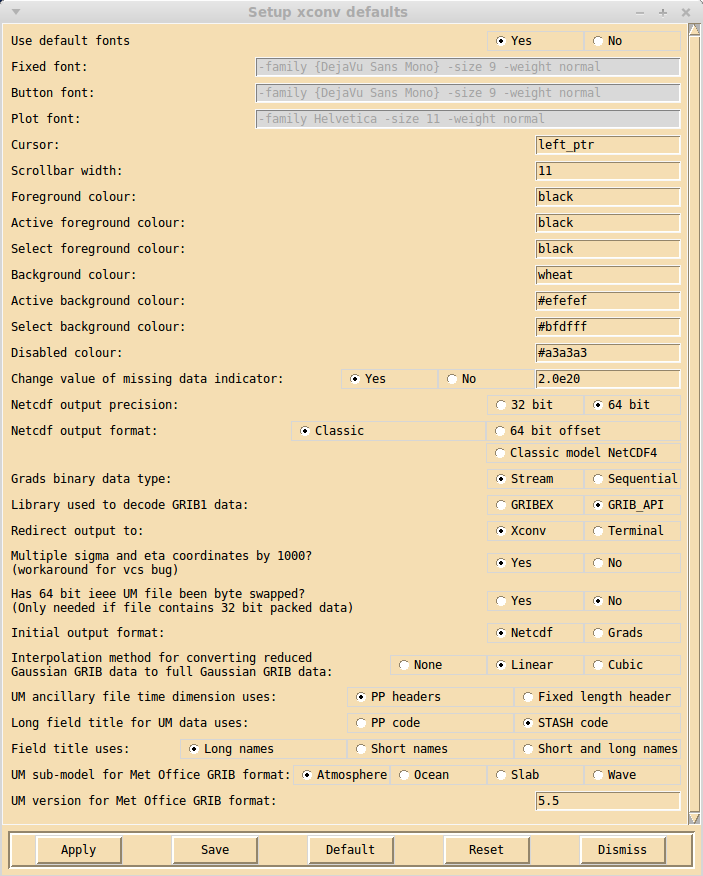 Setup xconv defaults window