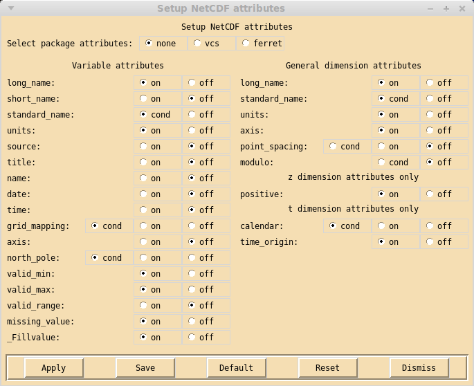 Setup netcdf attributes window
